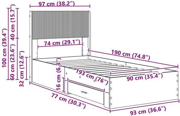 vidaXL Bettgestell mit Stauraum und Kopfteil Grau Sonoma 90 x 190 cm 3414520 Bild 11