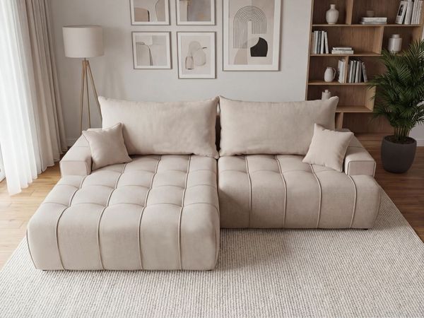 GRAINGOLD Ecksofa Tulio, Ecksofa mit Stauraum, gesteppte Sitzfläche, mit Schlaffunktion, Velour-Stoff, Beige, Links