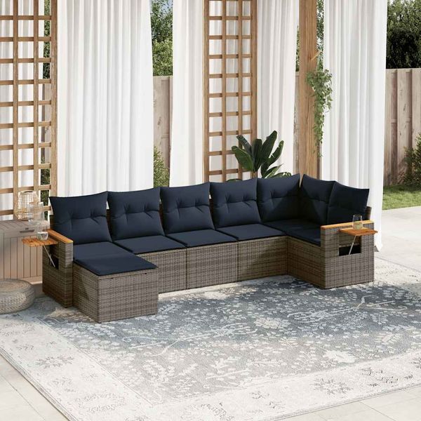 vidaXL 7-tlg. Garten-Sofagarnitur mit Kissen Grau Poly Rattan 3227034