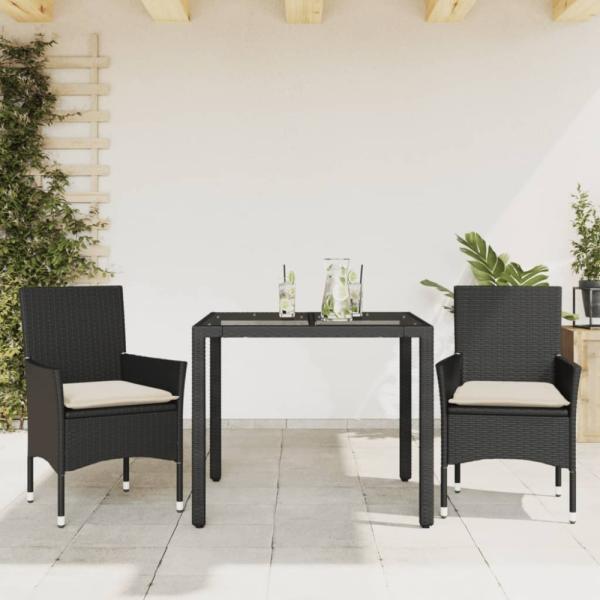 vidaXL 3-tlg. Garten-Essgruppe mit Kissen Schwarz Poly Rattan Glas 3278537