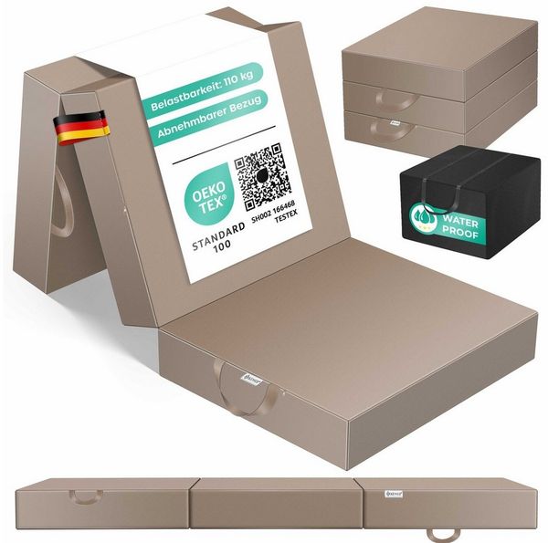 KESSER® Klappmatratze Gästematratze 3-fach Faltmatratze faltbar zum Sitzhocker | Schaumstoff 25kg/m³ extra dick 15cm atmungsaktiv waschbar abnehmbarer Bezug | Matratze inkl. Camping Tragetasche Taupe, 90 x 200 x 15 cm