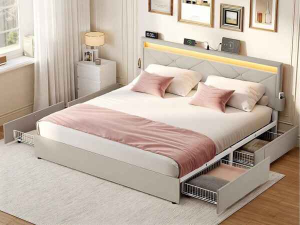 VASAGLE Doppelbettgestell, Bettgestell, 160 x 200 cm, LED, Metallbett, 4 Schubladen, Ladestation, verstellbares gepolstertes Kopfteil, cappuccinobeige