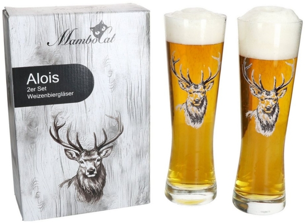 MamboCat Bierglas Alois 2er Set Weizenbierglas 0,5 L Hirschmotiv Geschenkverpackung, Glas