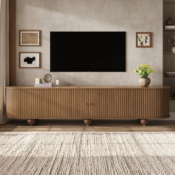 BlingBin TV-Schrank 180 x 35 x 45 cm Rundungen TV Lowboard, Fernsehschrank (1er Set, 1-St, Gewichtskapazität: 30kg) TV Möbel mit vertikal geriffelte Schiebetüren für Wohnzimmer, Nussbaum