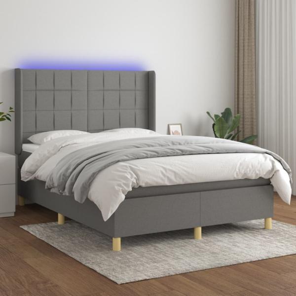 vidaXL Boxspringbett mit Matratze & LED Dunkelgrau 140x200 cm Stoff 3138878