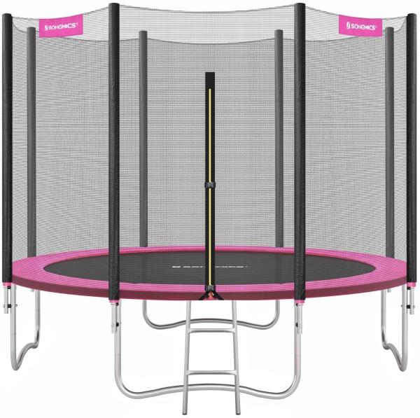 Songmics Trampolin mit Sicherheitsnetz, Leiter und gepolsterten Stangen, schwarz-pink, Ø 305 cm