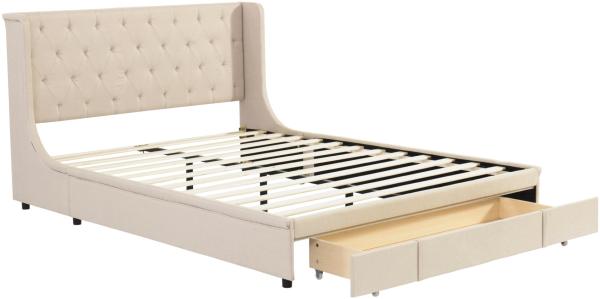 Merax Polsterbett 140x200 aus Leinen Ohrform Doppelbett Funktionsbett mit Kopfteil & 1 Schublade & Lattenrost Beige