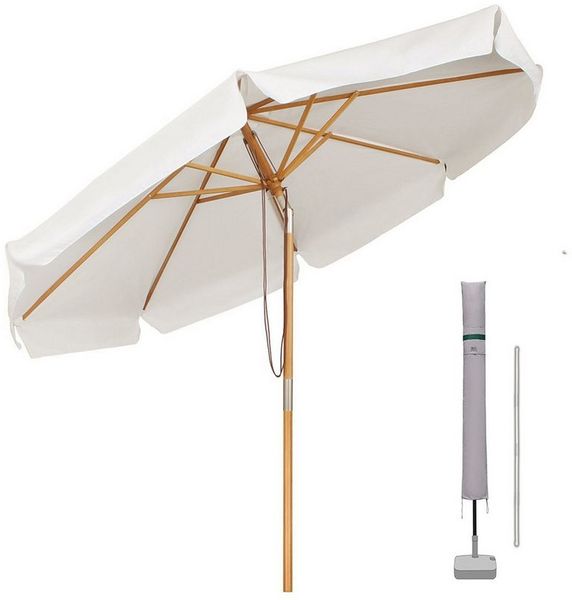 Sekey Sonnenschirm Ø 300 cm Sonnenschirm Holz Gartenschirm Knickbar, Sonnenschutz UPF 50+, LxB: 300,00x300,00 cm, Runder Terrassenschirm mit Volant