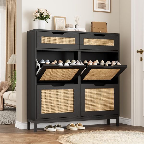 Jocoevol Rattan Schuhschrank Schmal,Schuhkommode mit 4 Klappfächern und 2 Schubladen,Schmaler Schuhkipper mit Metallbeinen, Freistehende Schuhregal Für Diele,Flur,Wohnzimmer,Schlafzimmer, 100 x 23 x 102 cm