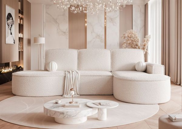 Ecksofa Schlafsofa Sofa ARLET in Stoff Abriamo Creme Ottomane Rechts