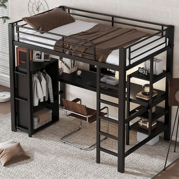 Novelux Hochbett 90x200 mit Schreibtisch und Kleiderschrank – Metall/MDF Schwarz, Etagenbett mit Regal, 5-stufiger Leiter und Lattenrost