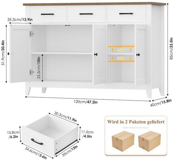 HOMECHO Sideboard, 120 cm Küchenschrank mit verstellbarem Regal, 3 Schubladen
