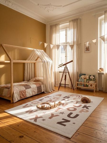KADIMA DESIGN Kinderteppich TINO Kinderteppich Waschbar Kinderzimmer Schadstoffgeprüft, Rechteckig, Höhe: 10 mm, Creme, 80x150 cm, Kinderteppich Waschbar Spielteppich