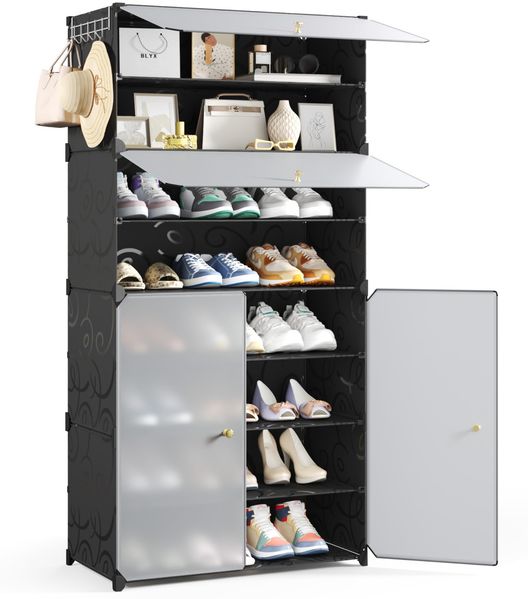 Mondeer Schuhregal, Schuhschrank 8 Ebenen mit Türen, Kunststoff Aufbewahrungsschrank mit Verstellbare Ablage, für Flur Schlafzimmer Wohnzimmer Eingang, 30 × 60 × 138 cm (Schwarz)