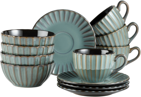 Geschirr Set für 4 Personen im modernen Vintage Look, 12-teiliges Frühstücksgeschirr Service aus Keramik in Petrol mit schwarzen Akzenten
