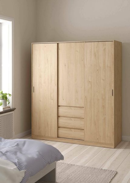 Dmora - Kleiderschrank 3 Türen Delphine, Schlafzimmermöbel, Schrank, Garderobe, 177x60 h200 cm, Eiche