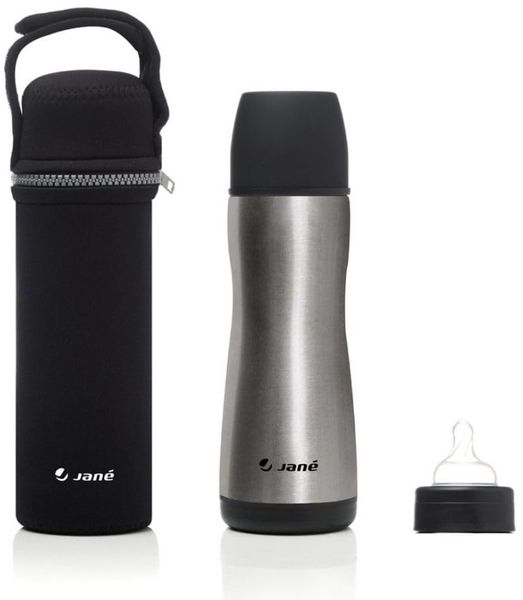Jané Thermosflasche, Edelstahl, 300 ml, mit Silikonsauger, inkl. Neoprentasche, hält bis zu 8 Stunden warm