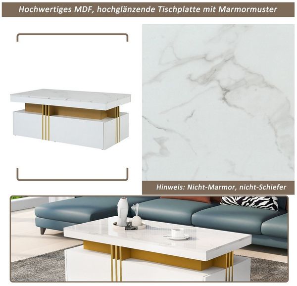 Merax Couchtisch mit Schubladen und Tischplatte in Marmoroptik, Beistelltisch aus Holz mit goldenen Dekor, Wohnzimmertisch Industrial