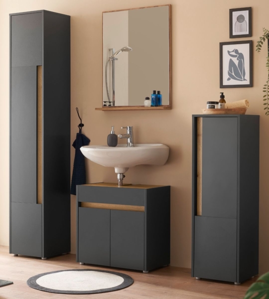 Badmöbel Set 4-teilig Center in grau matt und Eiche Wotan 168 cm