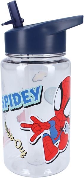 Spiderman Kinder Trinkflasche mit Strohhalm transparent 450 ml und praktischem Tragegriff