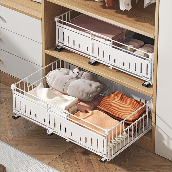 BlingBin Küchenorganizer-Set Teleskopschublade, Ausziehbare Schublade Küche Organizer Schrank, (2 Stück Erweiterbar Küchenschublade mit Kleber, 2-tlg, Produktabmessungen: 32.5-49.5L x 39B x 16.5H cm), Schubladen-Aufbewahrungsregale für Küche, Ohne Bohr...