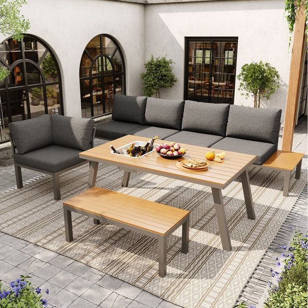 Merax Gartenlounge-Set, (2 Zweisitzer, 1 Ecksofa, 1 Bank, 1 Tisch mit integriertem Eiskübeldesign), Sitzgruppe Gartenmöbel Set mit Stahlrahmen & Kissen,Tisch mit Eiskübel