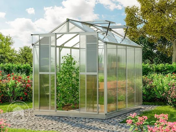 GFP Gewächshaus Picco 4 Alu-Rahmen 179 x 259 cm 6 mm Polycarbonat Platten - mit Fundamentrahmen & 1 automatischem Fensteröffner