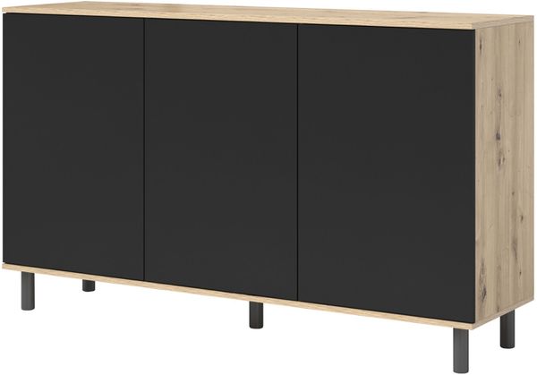 Kommode 3-Türig, Aufbewahrungsschrank, Sideboard, 150 cm, Artisan/Schwarz, Loft-Design, Masimo, 98 x 40 x 150 cm