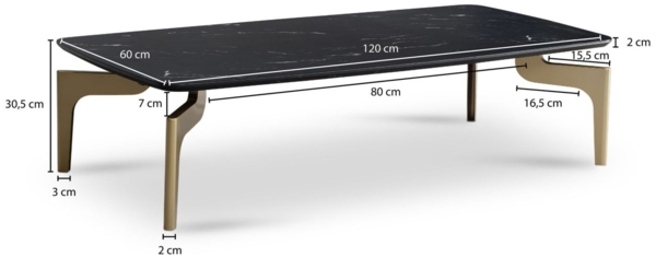 Couchtisch 120x60x30,5 cm mit Hochglanz Marmor Optik Schwarz / Gold, Wohnzimm... Bild 4
