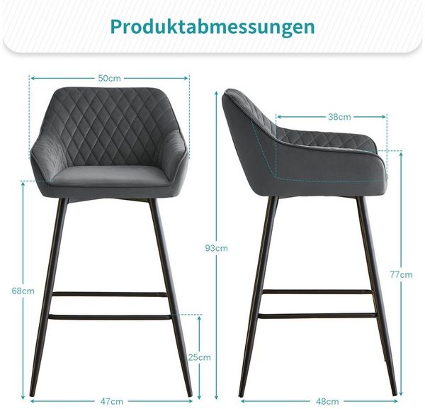 JYMTOM Barhocker Kunstleder Barhocker, 2er-Set, Barstühle mit gepolsterter Sitz, Rücken-/Armlehnen und Metallbeinen für Küche,Bar,Esszimmer.(2,grau)