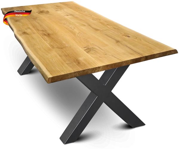 Massivholz Wohnzimmertisch mit Baumkante RAGNAR - 200x100cm, Eichenholz, X-Hora Gestell | Esstisch Holz Küchentisch Esszimmertisch
