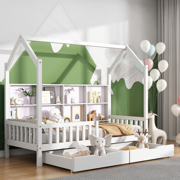 Hausbett Kinderbett mit Mehrzweck-Bücherregal-Speichergitter-Kabinett Ablageregal und zwei großen Schubladen mit Stauraum und Kaminform 90x200 Weiß