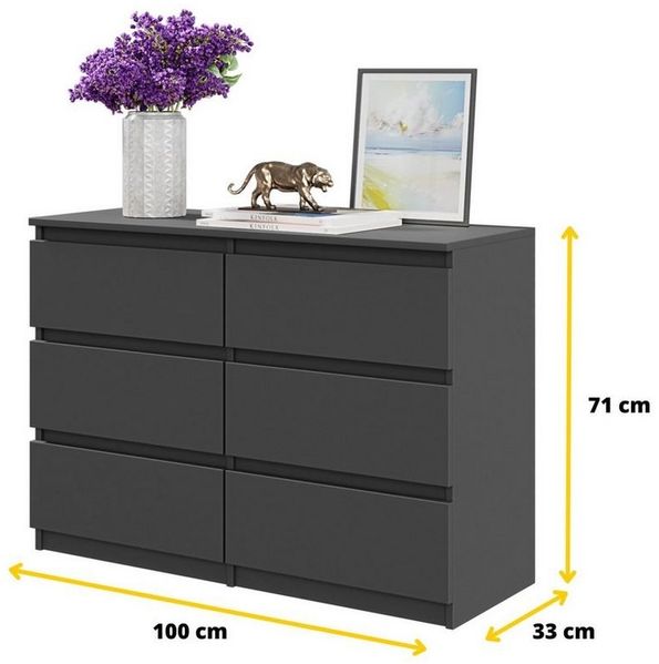 Furnica Kommode GABRIEL 6 Schubladen - Anthrazit Grau H70cm B100cm T33cm