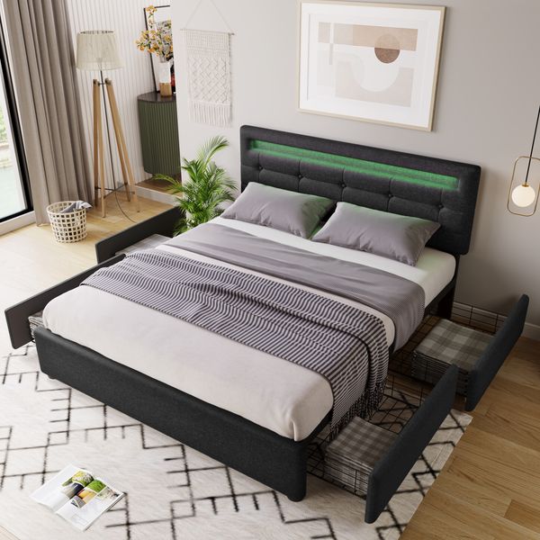 Polsterbett 140×200 cm aus Leinen-Stoff mit Matratze und LED-Beleuchtung, schwarz