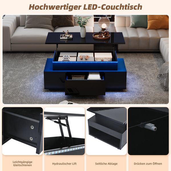 Couchtisch 96×45×40 cm Schwarz mit LED 16 Farben, Lift-Top Funktion, Stauraumfach, Schublade, Hochglanz Wohnzimmertisch Bild 7