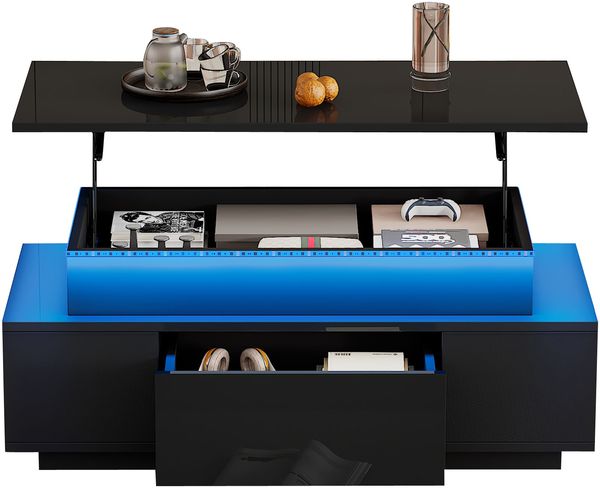 Couchtisch 96×45×40 cm Schwarz mit LED 16 Farben, Lift-Top Funktion, Stauraumfach, Schublade, Hochglanz Wohnzimmertisch Bild 8