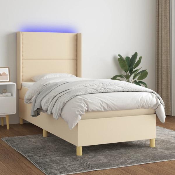 vidaXL Boxspringbett mit Matratze & LED Creme 90x190 cm Stoff 3138762