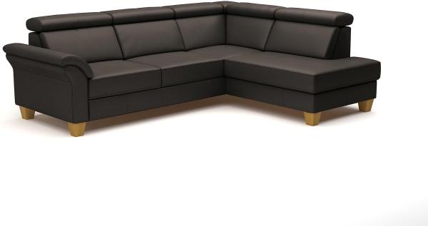 CAVADORE Leder-Schlafsofa Ammerland mit Ottomane / Landhaus-Sofa mit Federkern, Bett, Bettkasten + Kopfteilverstellung / 245 x 84 x 194 / Leder Dunkelbraun
