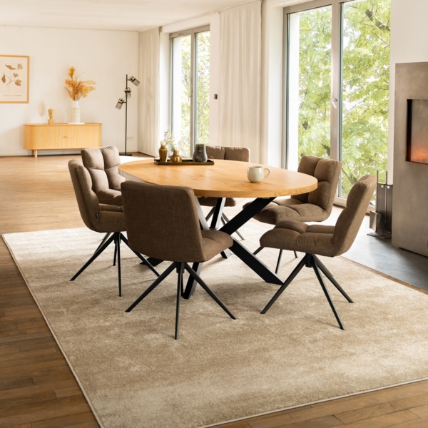 HOME DELUXE Essgruppe Rund Ausziehbar AVENTURA inkl. Sternfuß - 120-160 x 120 cm Light Oak 6 Stühle Grau