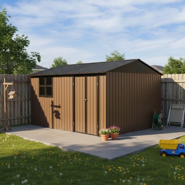 Flieks Metall Gartenhaus mit Giebeldach, Geräteschuppen mit Tür, Schloss, Fenster, Klapptisch & Regalen, Braun