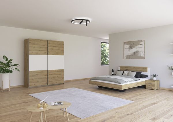 Schlafzimmer Borba in Eiche und Weiß mit Schwebetürenschrank 4 teilig – in verschiedenen Bett- und Schrankvarianten wählbar - 4 teilig , Kleiderschrank 175cm Breite + Bett 160x200cm + 2 Nachttisch
