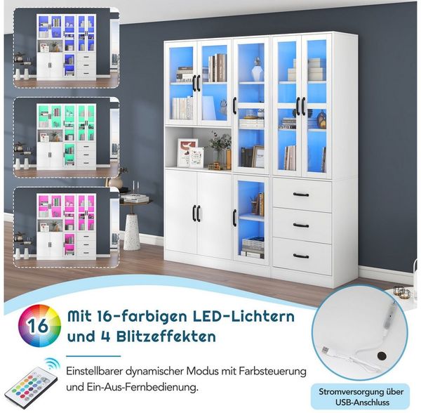 STILVORA Vitrine mit LED&Schubladen,2er-Set Standvitrine Hochschrank mit Glastüren (Buffet Hochschrank, 2-St, 200 cm hoch und 180 cm lang, weiße Standvitrine mit LED-Beleuchtung)