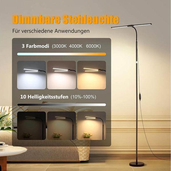 MUPOO LED Leselampe Stehlampe wohnzimmer Doppelter Kopf Schwanenhals Stehleuchte,4 Höhen, mit Adapter, 360° verstellbar mit 3 Farbmodi