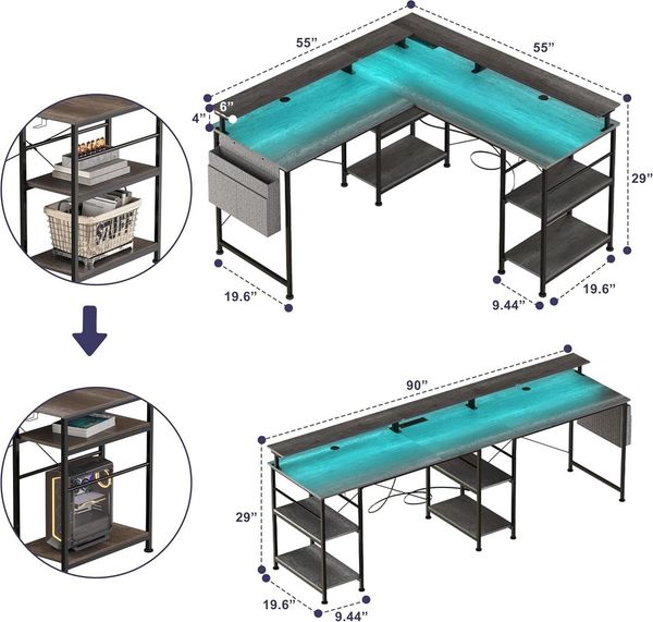 BBWL Computertisch L-förmiger Gaming-Schreibtisch mit LED, Steckdose, Monitorständer, 140 x 140 x 85 cm,mit Ablagefach, langer 2-Personen-Schreibtisch