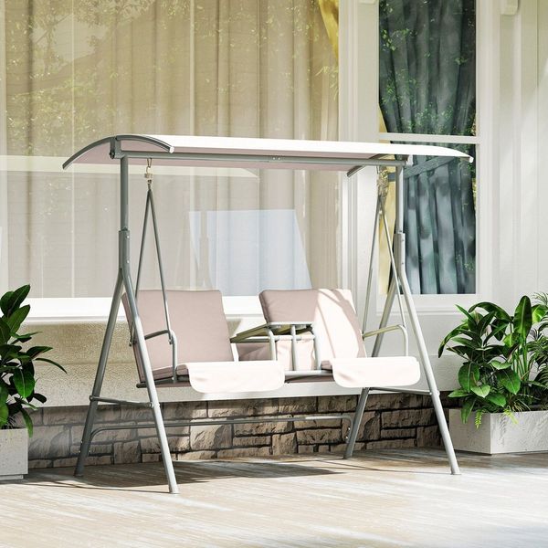 Outsunny Hollywoodschaukel mit Becherhalter, Seitentasche, Sonnendach, belastbar bis 180kg, 2-Sitzer, mit Sonnendach, 2-Sitzer Gartenschaukel, 1 tlg, Schaukelbank, für Garten, Terrasse, 175 x 112 x 158 cm, Beige