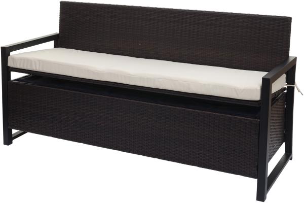 Poly-Rattan 3er Sitzbank HWC-F39, Gartenbank Truhenbank, Staufach Aufbewahrung Sitzkissen ~ braun, Kissen creme