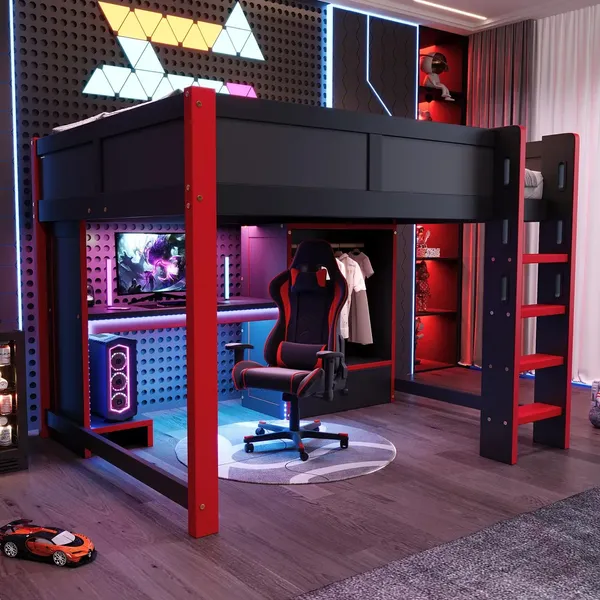 Hochbett mit Schreibtisch, LED-Streifen, Kleiderschrank, PC-Ständer, Leiter, Schubladen, Rausfallschutz, 140x200cm, Kinderbett
