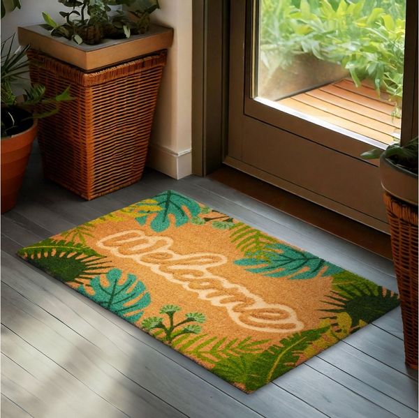 BRUBAKER Fußmatte Blumen und Pflanzen - 45 x 75 cm Schmutzfangmatte - Kokos Fußabtreter, Rechteckig, Höhe: 16 mm, Antirutsch Türmatte für Außen und Innen - Wetterfest und Rutschfest