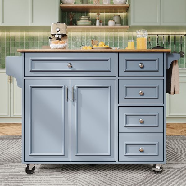 Kücheninsel mit ausziehbarer Arbeitsplatte & Stauraum, babyblau, 110x45-75x92 cm