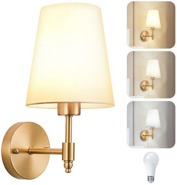 Lapalife Wandleuchte Wandlampe Innen Gold Vintage, mit Weißem Stoffschirm, 4W LED Birne, LED wechselbar, für Schlafzimmer Wohnzimmer Flur Treppenhaus Badezimmer